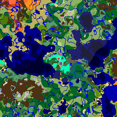 Predicted biome map of Java 1.20 seed 5384522091269291686 around estimated spawn