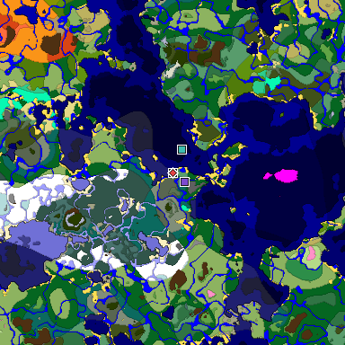 Predicted biome map of Java 1.20 seed -2981188259658277302 around estimated spawn