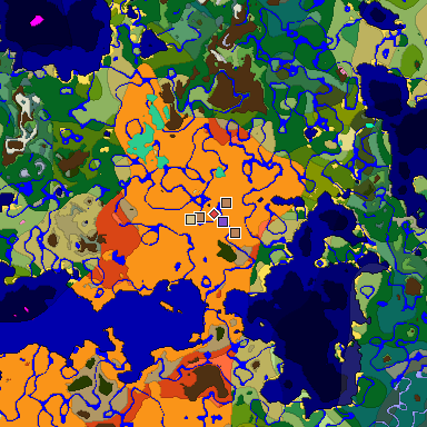 Predicted biome map of Java 1.20 seed -895058220336041429 around estimated spawn
