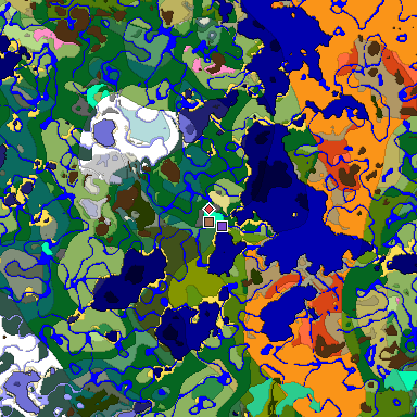 Predicted biome map of Java 1.21.4 seed 7642586520663943389 around estimated spawn