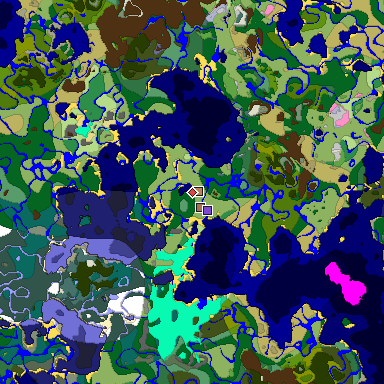 Predicted biome map of Java 1.21.4 seed -7122334600081275636 around estimated spawn