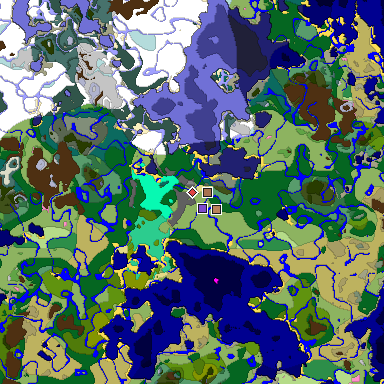 Predicted biome map of Java 1.21.4 seed -1945023117736537374 around estimated spawn