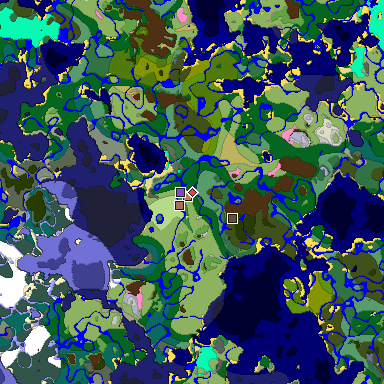 Predicted biome map of Java 1.21.4 seed -4958372127570062885 around estimated spawn