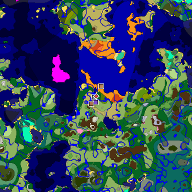 Predicted biome map of Java 1.21.4 seed -7086462055420655231 around estimated spawn