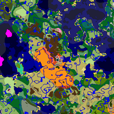 Predicted biome map of Java 1.21.4 seed 7586300204451352028 around estimated spawn