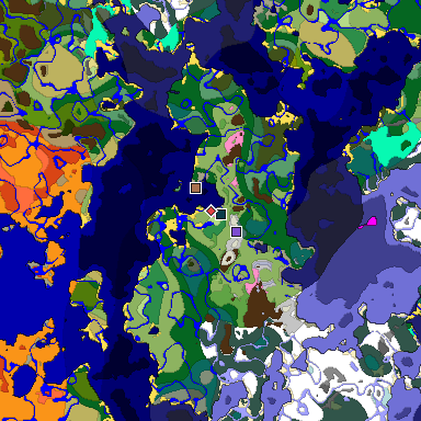 Predicted biome map of Java 1.21.4 seed -1118485582892242367 around estimated spawn