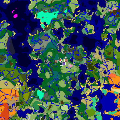 Predicted biome map of Java 1.21.4 seed -5719877330877270591 around estimated spawn