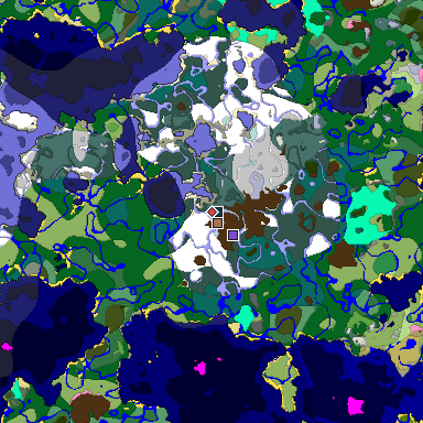 Predicted biome map of Java 1.21.4 seed 3505110811367492598 around estimated spawn