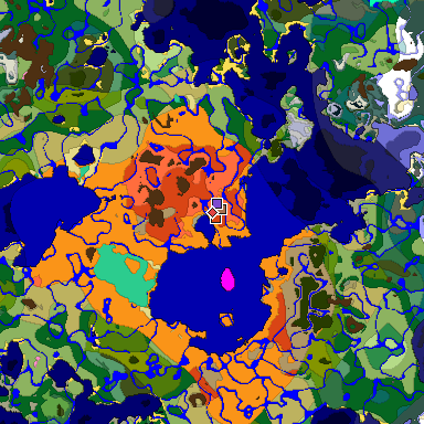 Predicted biome map of Java 1.21.4 seed 6411016403113274195 around estimated spawn