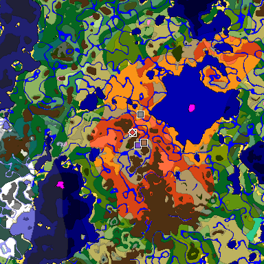 Predicted biome map of Java 1.21.4 seed -8077169588499905402 around estimated spawn