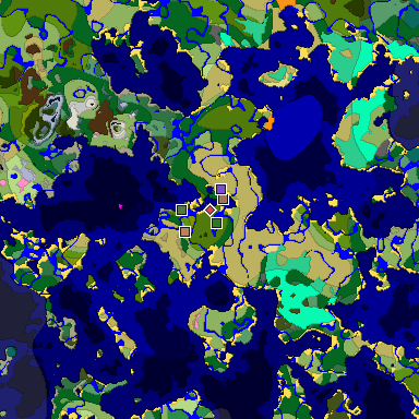 Predicted biome map of Java 1.21.4 seed 2853094415954266329 around estimated spawn