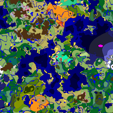 Predicted biome map of Java 1.21.4 seed -7501166862349689660 around estimated spawn
