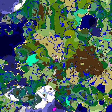 Predicted biome map of Java 1.21.4 seed 2677755755543785772 around estimated spawn