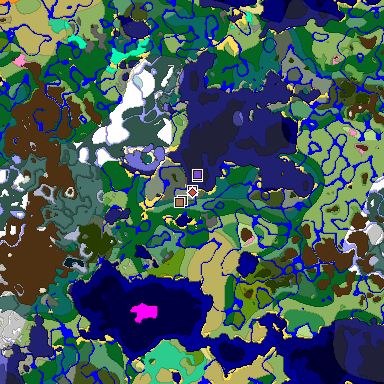 Predicted biome map of Java 1.21.4 seed 8865947839238115686 around estimated spawn