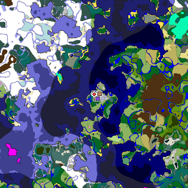 Predicted biome map of Java 1.21.4 seed 2369271089524673644 around estimated spawn