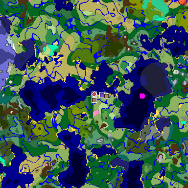 Predicted biome map of Java 1.21.4 seed -7102626800342801489 around estimated spawn
