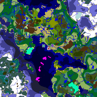 Predicted biome map of Java 1.21.4 seed -9047714157859718449 around estimated spawn