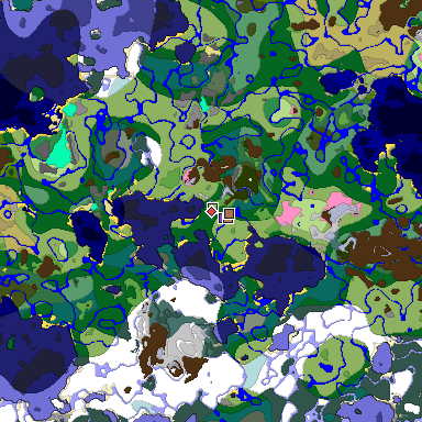 Predicted biome map of Java 1.21.4 seed -7227059859578677867 around estimated spawn