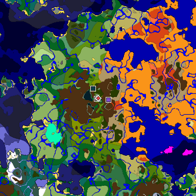 Predicted biome map of Java 1.21.4 seed -2600225771077827092 around estimated spawn
