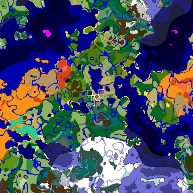 Predicted biome map of Java 1.21.4 seed 6495864778640822152 around estimated spawn