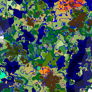 Predicted biome map of Java 1.21.4 seed 4998392643864562587 around estimated spawn
