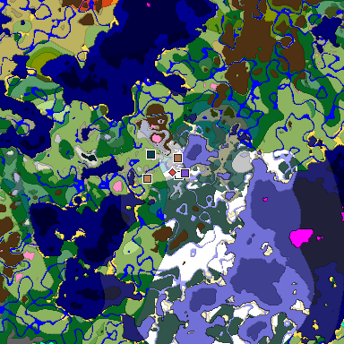Predicted biome map of Java 1.21.4 seed -2697491371247633521 around estimated spawn