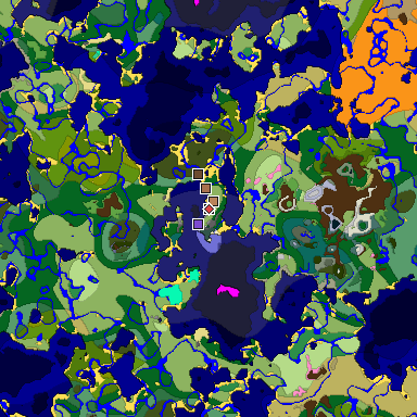 Predicted biome map of Java 1.21.4 seed -505001779447975728 around estimated spawn