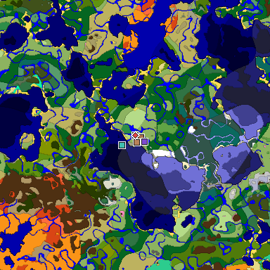 Predicted biome map of Java 1.21.4 seed -7357864622850452447 around estimated spawn