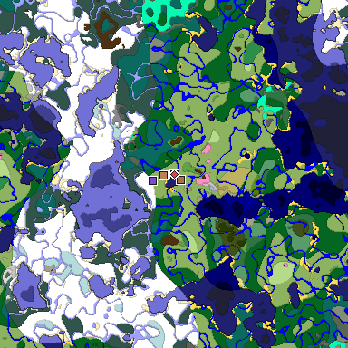 Predicted biome map of Java 1.21.4 seed 3138823977398625006 around estimated spawn