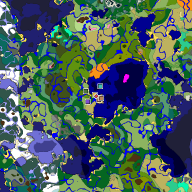 Predicted biome map of Java 1.21.4 seed -8887358650231536354 around estimated spawn