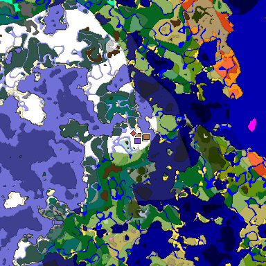 Predicted biome map of Java 1.21.4 seed -8425822559348043395 around estimated spawn