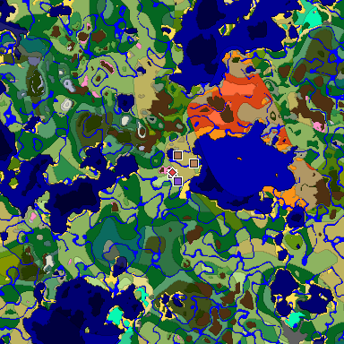 Predicted biome map of Java 1.21.4 seed -7242536467511187669 around estimated spawn