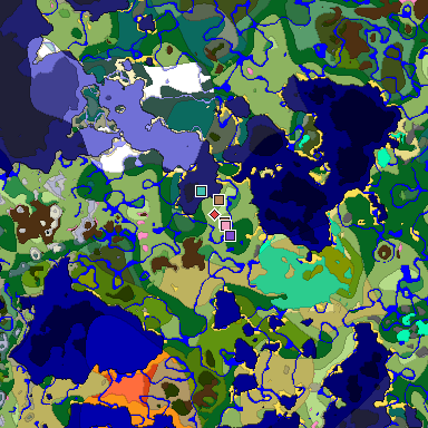 Predicted biome map of Java 1.21.4 seed 1541809219321909231 around estimated spawn