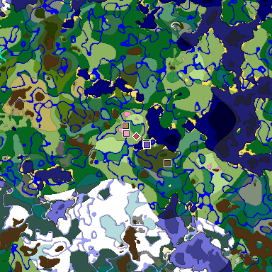 Predicted biome map of Java 1.21.4 seed -58732520471428182 around estimated spawn