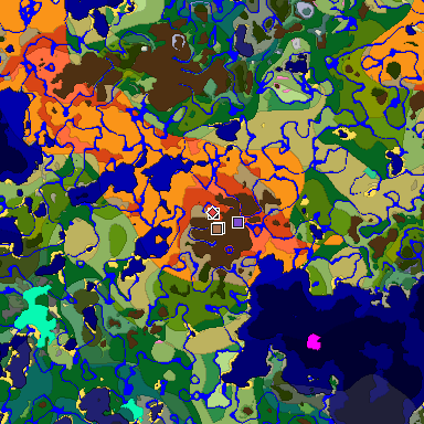 Predicted biome map of Java 1.21.4 seed 7606588368657461835 around estimated spawn