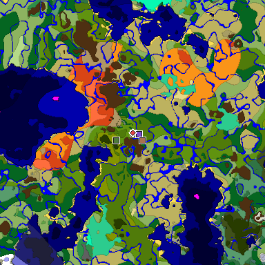 Predicted biome map of Java 1.21.4 seed 5023399501021555565 around estimated spawn