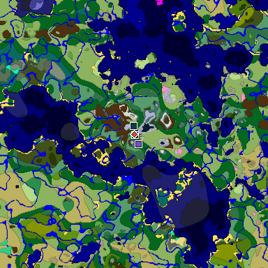 Predicted biome map of Java 1.21.4 seed 3189213072253556893 around estimated spawn