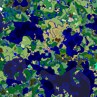 Predicted biome map of Java 1.21.4 seed -3933170495504452639 around estimated spawn