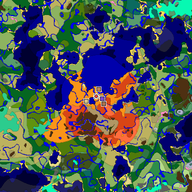 Predicted biome map of Java 1.21.4 seed 7386863985907575488 around estimated spawn
