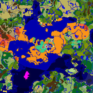 Predicted biome map of Java 1.21.4 seed 6985112584022626090 around estimated spawn