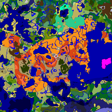 Predicted biome map of Java 1.21.4 seed 2823197039258232097 around estimated spawn