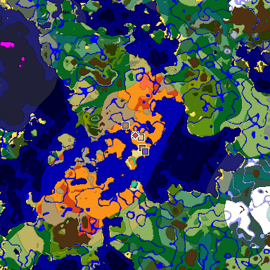 Predicted biome map of Java 1.21.4 seed 1166105496536279742 around estimated spawn