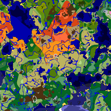 Predicted biome map of Java 1.21.4 seed 8054890245584260216 around estimated spawn