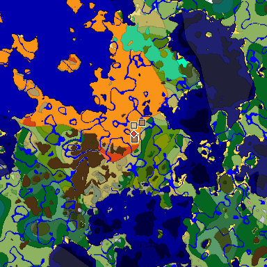 Predicted biome map of Java 1.21.4 seed 4965343597235226407 around estimated spawn
