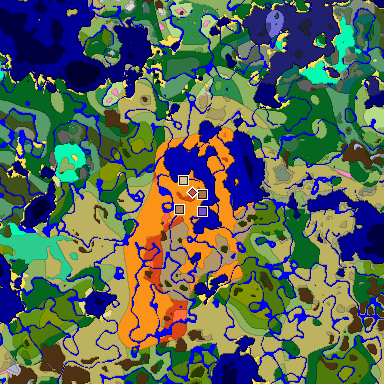 Predicted biome map of Java 1.21.4 seed 5456135818188055734 around estimated spawn