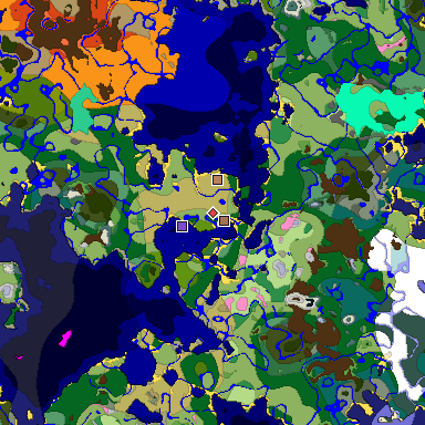 Predicted biome map of Java 1.21.4 seed 2401499849837895749 around estimated spawn