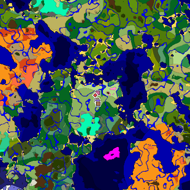 Predicted biome map of Java 1.21.4 seed 7974352287661411373 around estimated spawn