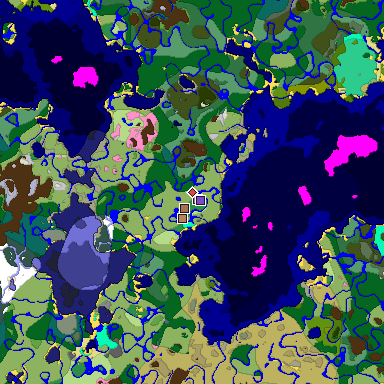 Predicted biome map of Java 1.21.4 seed -8370011219436918672 around estimated spawn