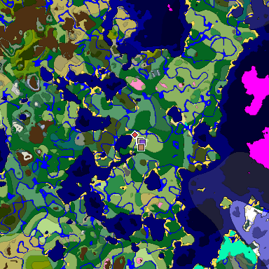 Predicted biome map of Java 1.21.4 seed 5265304604430377023 around estimated spawn