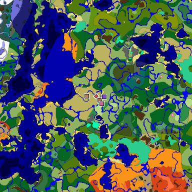 Predicted biome map of Java 1.21.4 seed -9099789642512740634 around estimated spawn